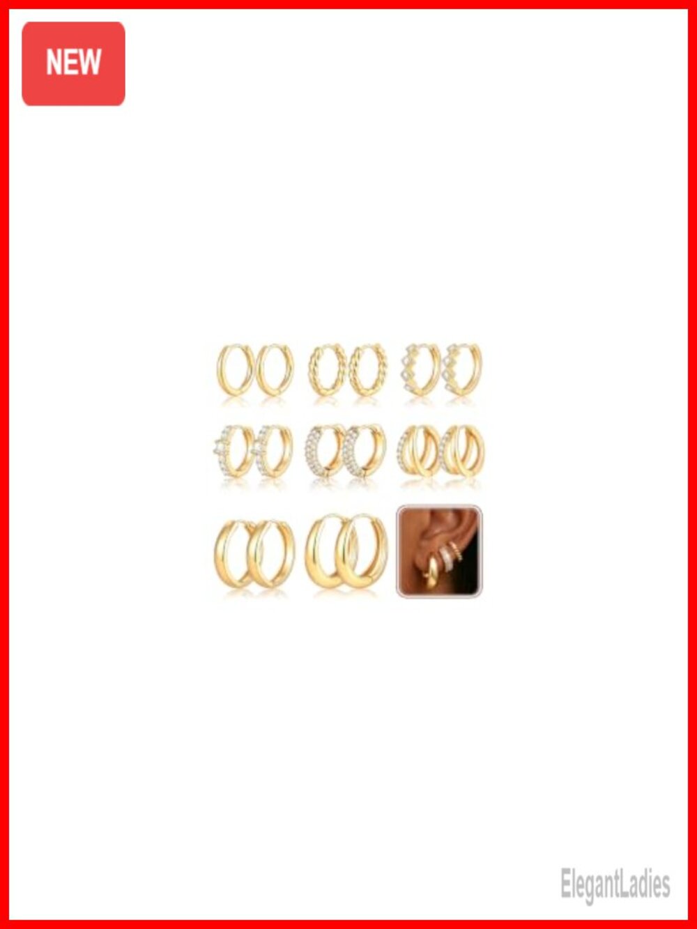 8 Pairs 14K Gold Plated Hoop Earrings Set Stackable Multiple Piercings